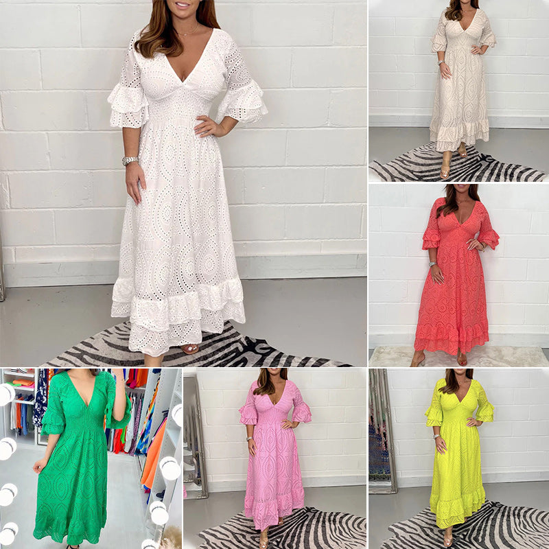 AnglaiseEleganz - Midi-jurk met geborduurde Anglaise ruches