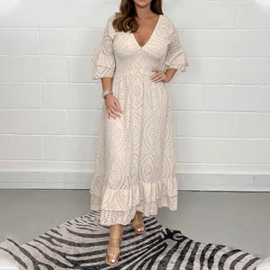 AnglaiseEleganz - Midi-jurk met geborduurde Anglaise ruches