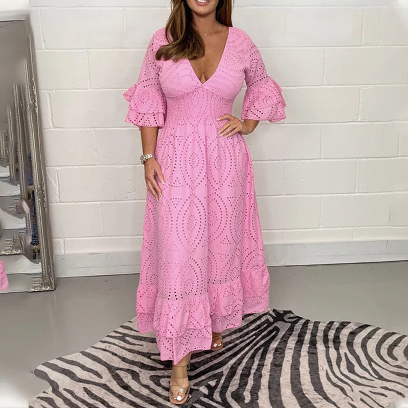 AnglaiseEleganz - Midi-jurk met geborduurde Anglaise ruches