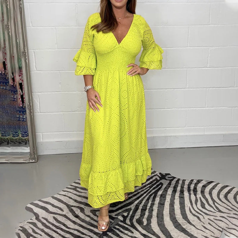 AnglaiseEleganz - Midi-jurk met geborduurde Anglaise ruches