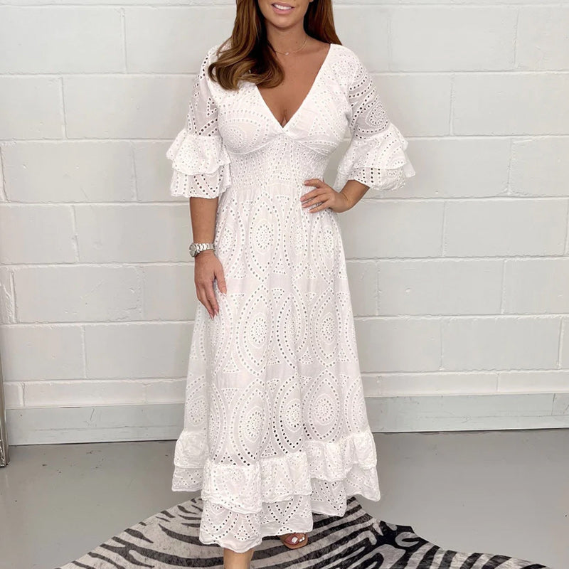 AnglaiseEleganz - Midi-jurk met geborduurde Anglaise ruches