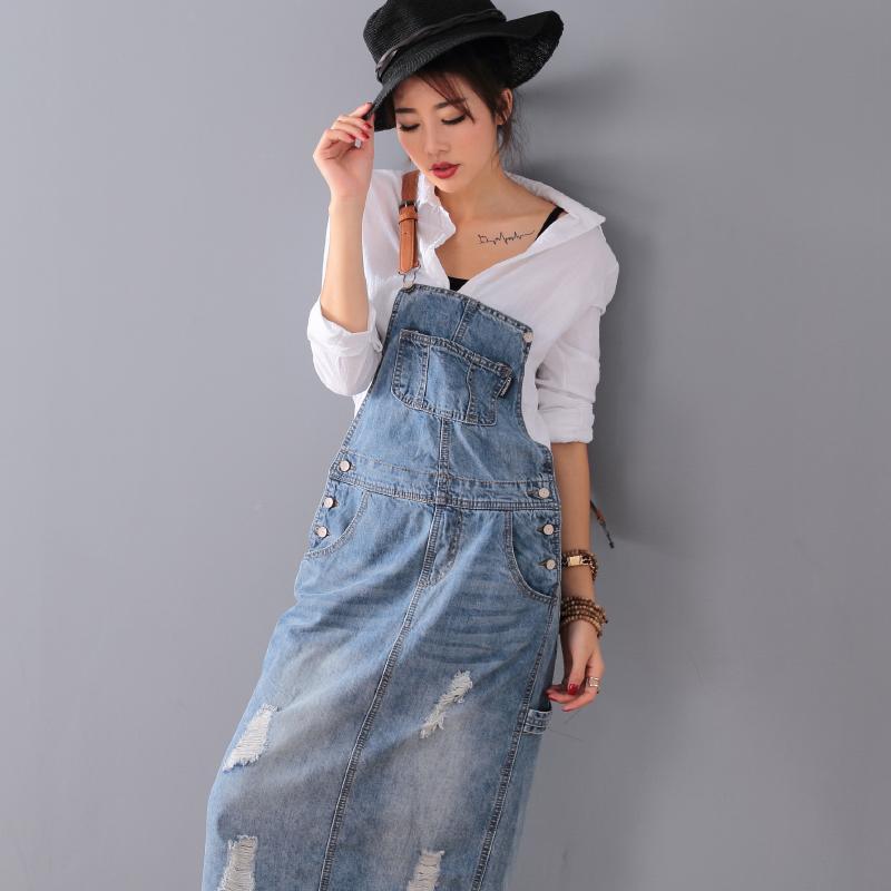 Renna™ - Gescheurde denim overall jurk